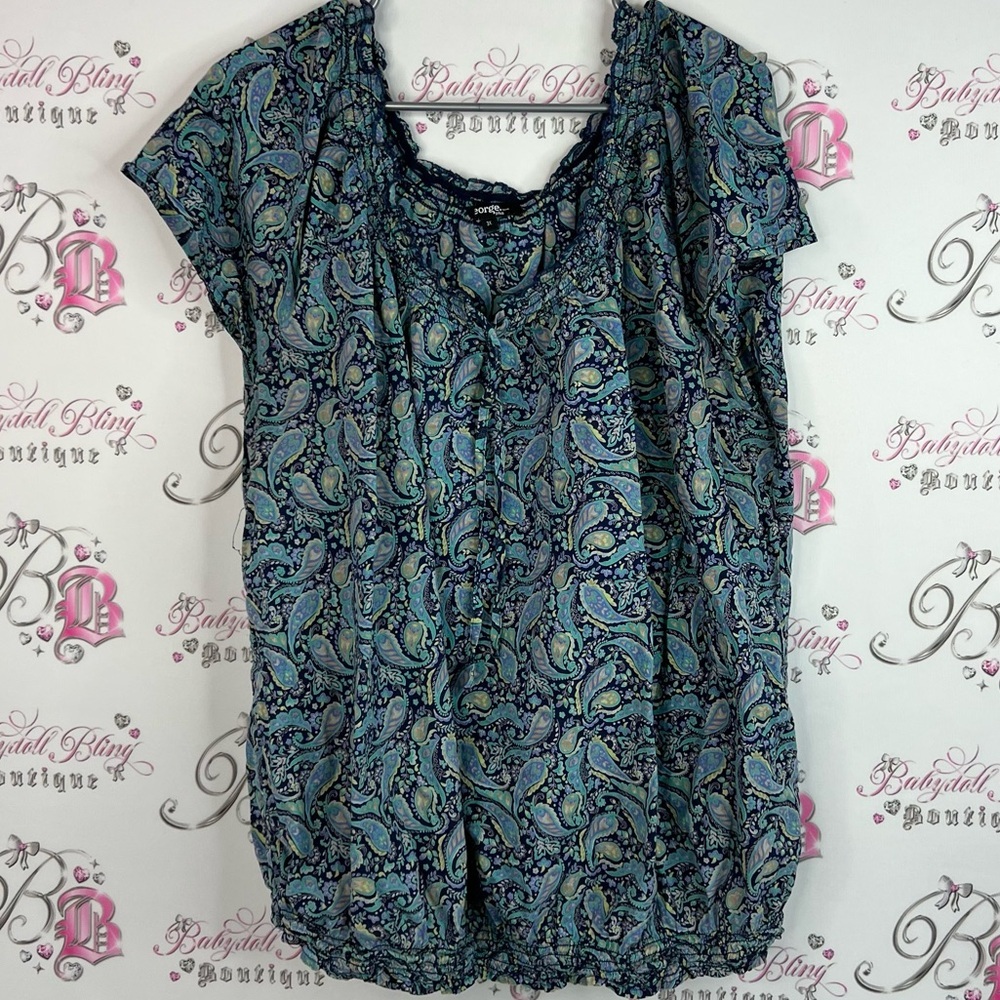 George tshirt tee smocked bubble detail bottom hem green Blue Paisley Blouse